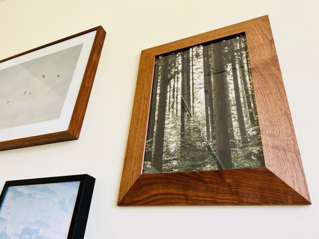 森の中にある木々の写真が入った額縁の写真
